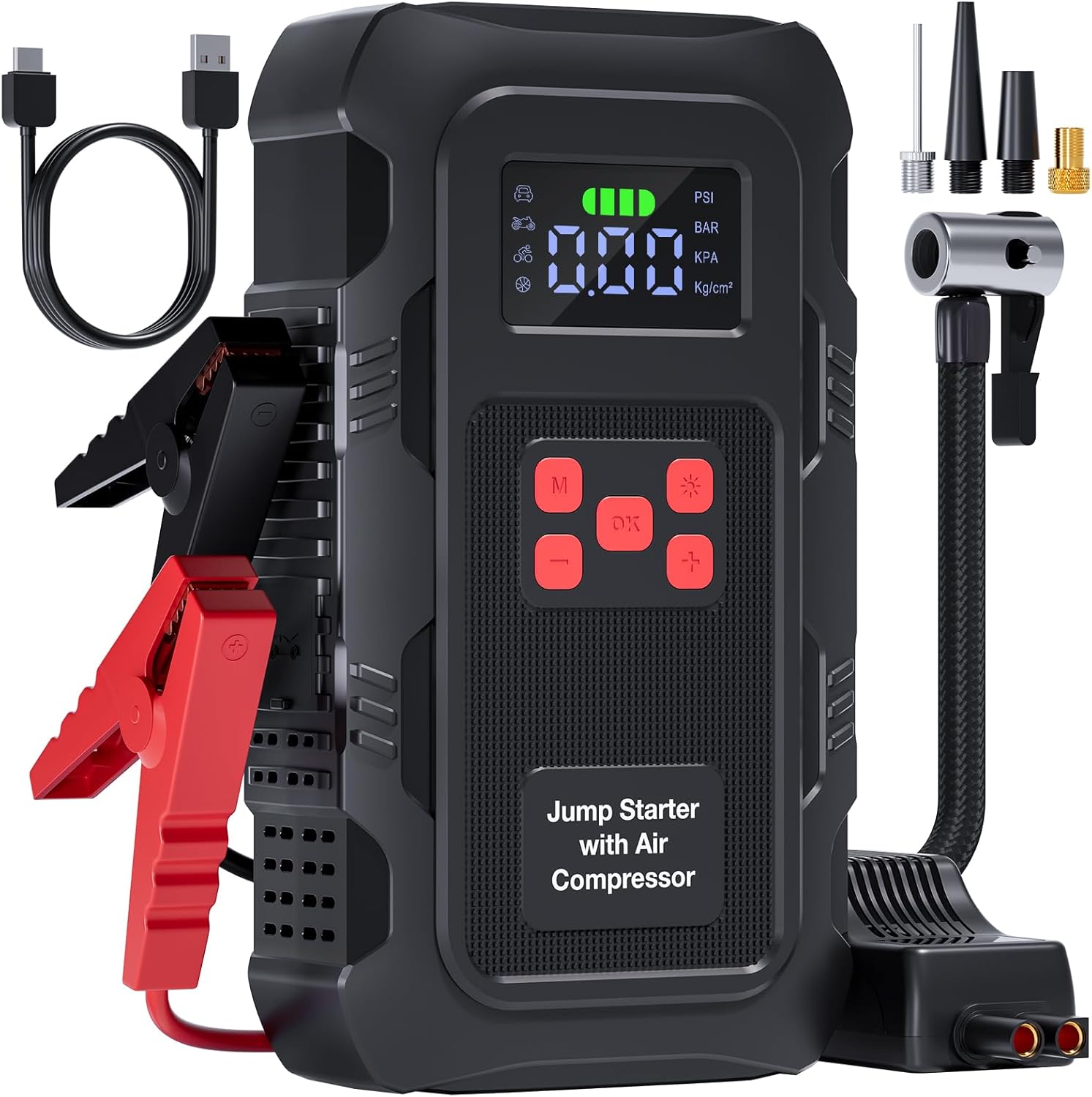 HPBS 5000A portable car battery jump starter with 150 PSI tire inflator in red
